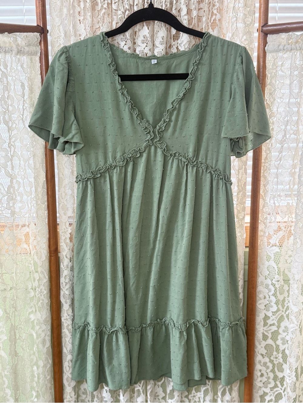 Ruffled V-Neck Sage Green Mini Dress